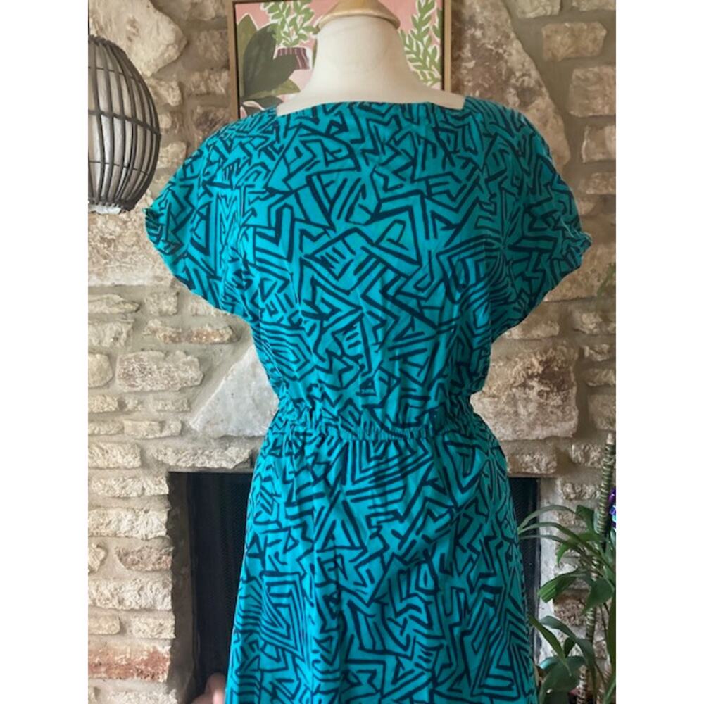 Vintage 80s 90s Teal Abstract Print Dress 💙🖤 Size Large